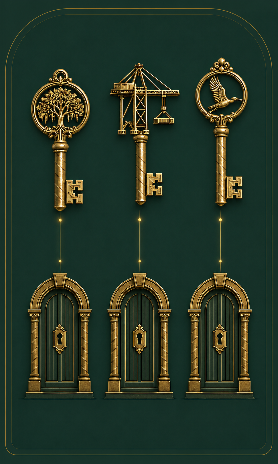 Three matching gold keys aligned above three arched doors